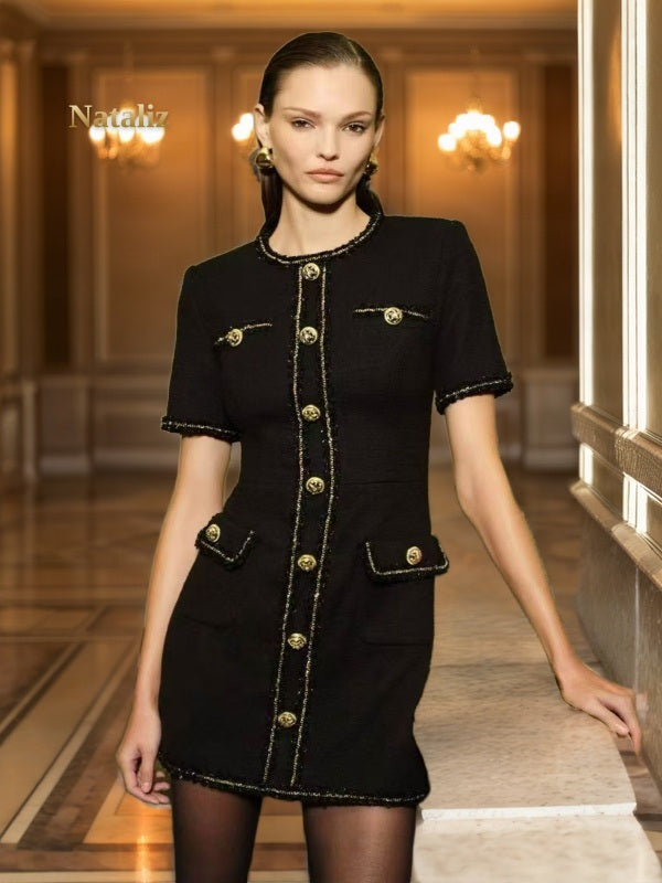 Gold-Trim Tweed Mini Dress with Button Front model front view