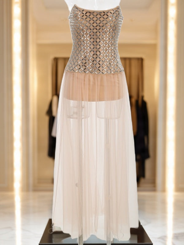 Strapless Beaded Bodice Sheer Maxi Dress in Blush mannequin view · nz-bg-v1