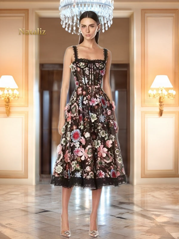 Floral Embroidered Midi Dress with Lace Trim model front view · nz-alt-v1