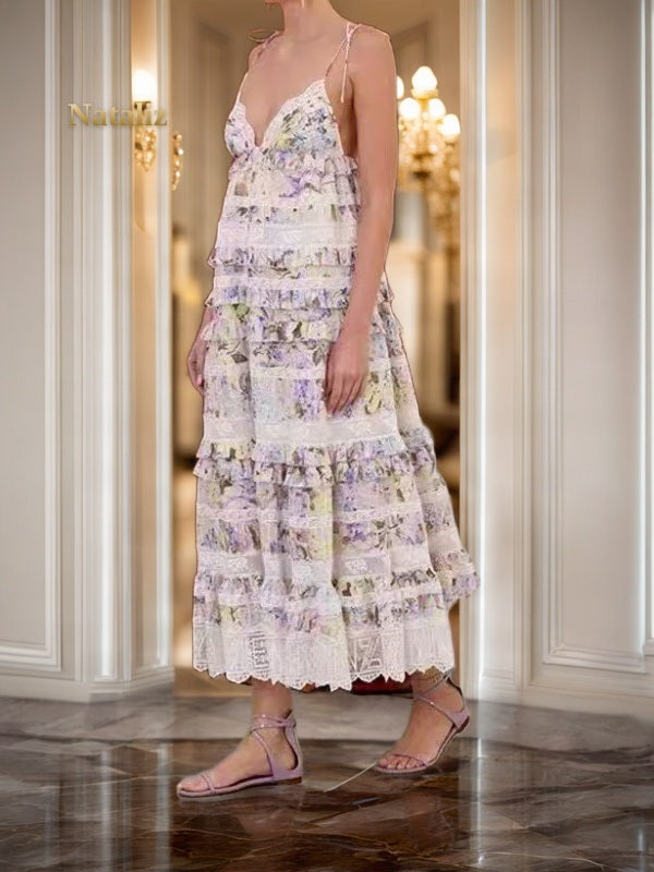 Floral Lace-Trim Tiered Midi Slip Dress model front view