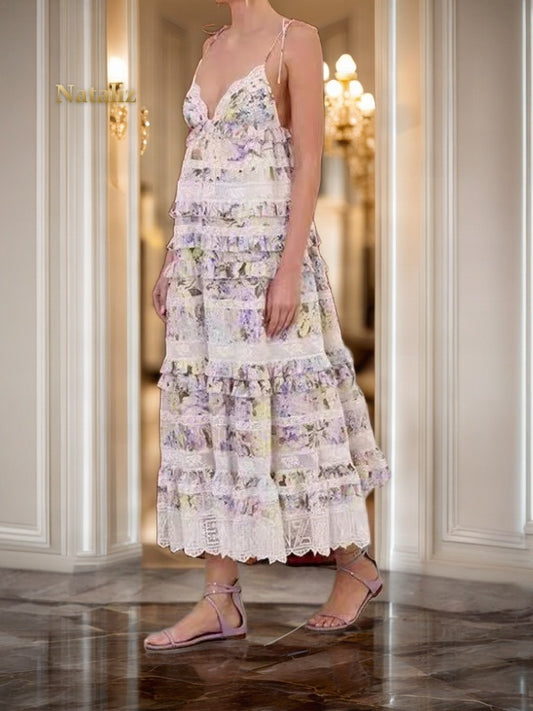 Floral Tiered Midi Slip Dress model front view