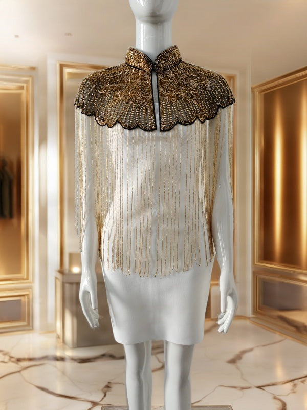 Ivory Mini Dress with Gold Beaded Fringe Capelet mannequin view · nz-bg-v1