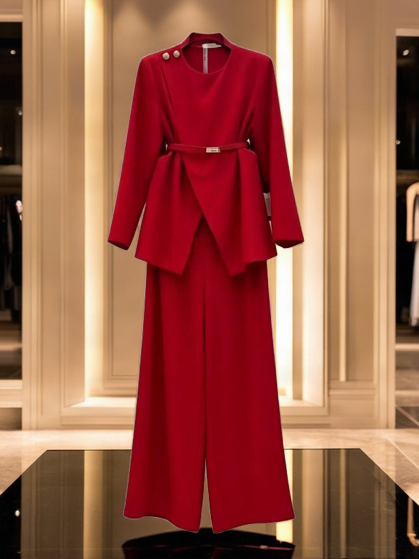 Belted Wrap-Front Top and Wide-Leg Trouser Set hanging view · nz-bg-v1
