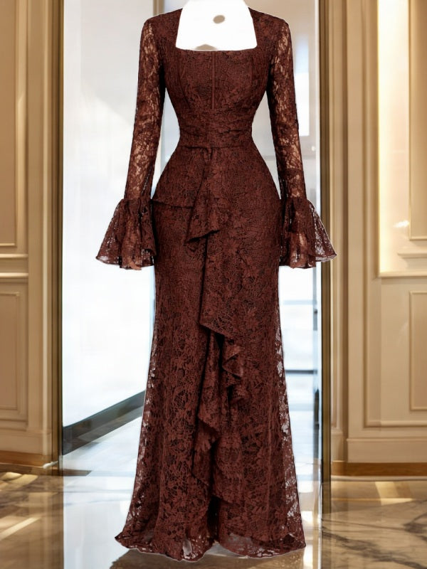 Chocolate Lace Maxi Dress with Ruffle Front Slit mannequin view · nz-bg-v1