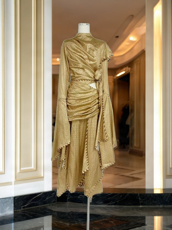 Golden Cutout Handkerchief Hem Maxi Dress mannequin view · nz-bg-v1