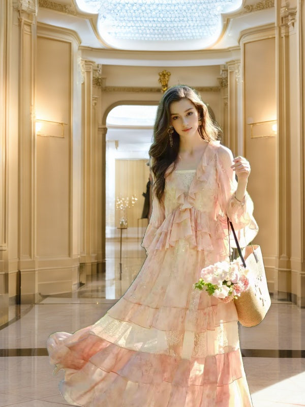 Blush Tiered Ruffle Maxi Dress with Lace Panels model front view · nz-bg-v1