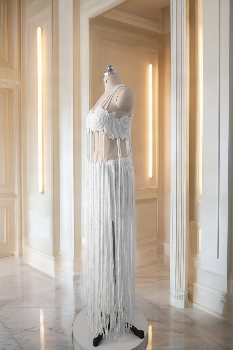 Fringe Maxi Dress in White side view · nz-bg-v1