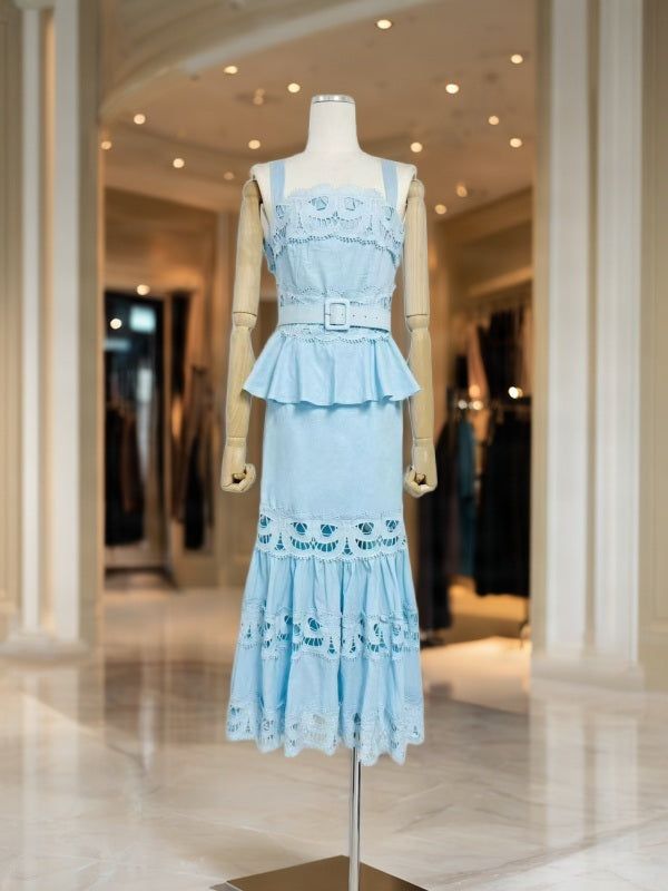Belted Peplum Maxi Dress with Lace Cutwork Hem mannequin view · nz-bg-v1