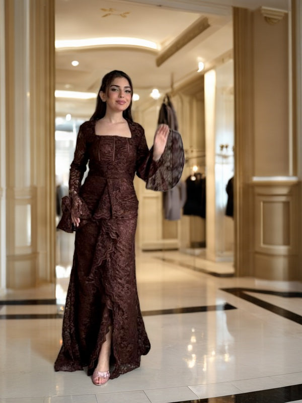 Chocolate Lace Maxi Dress with Ruffle Front Slit model front view · nz-bg-v1