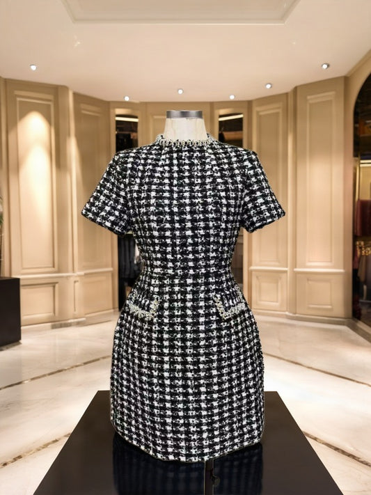 Pearl-Trim Checked Mini Dress in Black and White mannequin view · nz-bg-v1