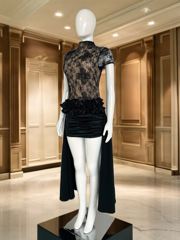 Sheer Lace Bodice High-Low Maxi Dress in Black mannequin view · nz-bg-v1