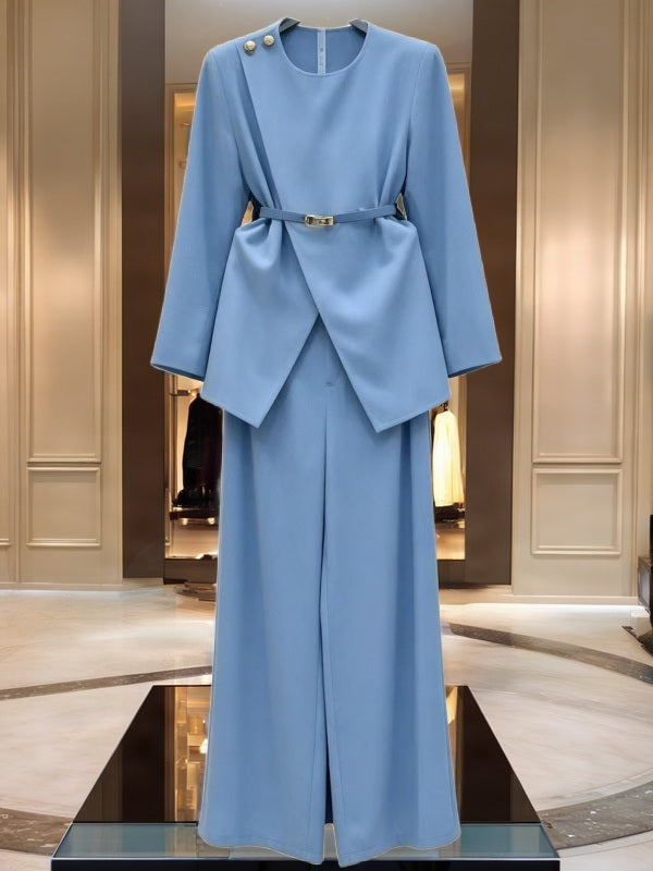 Belted Wrap-Front Top and Wide-Leg Trouser Set hanging view · nz-bg-v1
