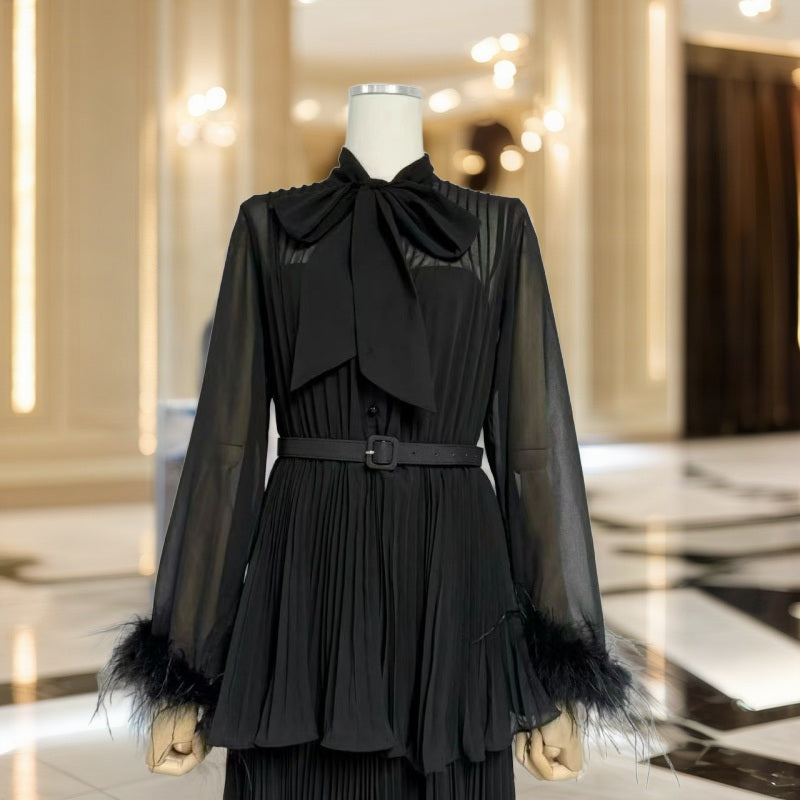 Feather Cuff Pussybow Blouse & Pleated Maxi Skirt Set mannequin view · nz-bg-v1