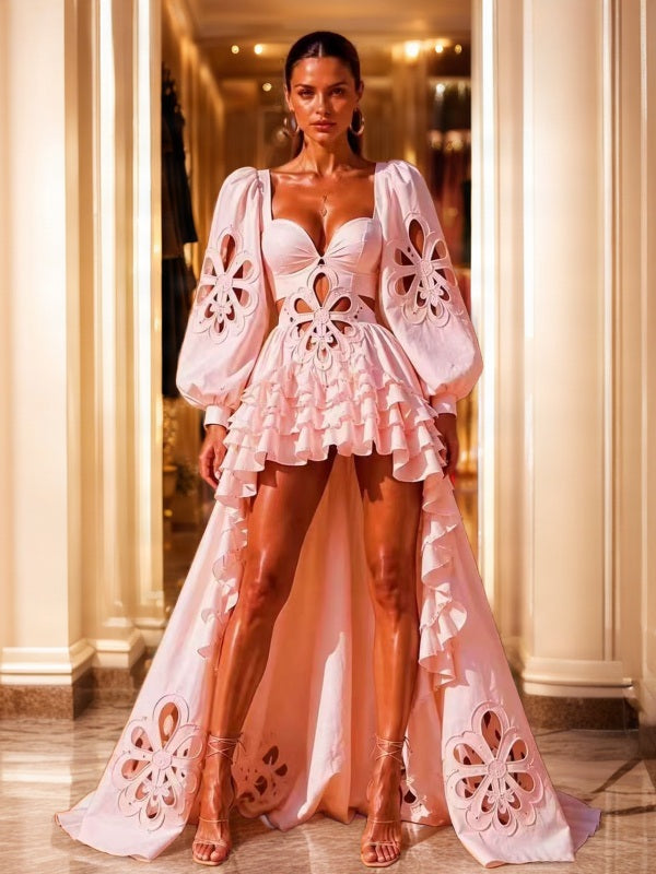 Floral Cutwork High-Low Maxi Dress with Puff Sleeves model front view · nz-bg-v1