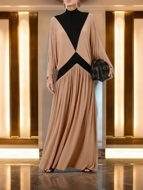 Colourblock Mock Neck Batwing Maxi Dress model front view · nz-bg-v1