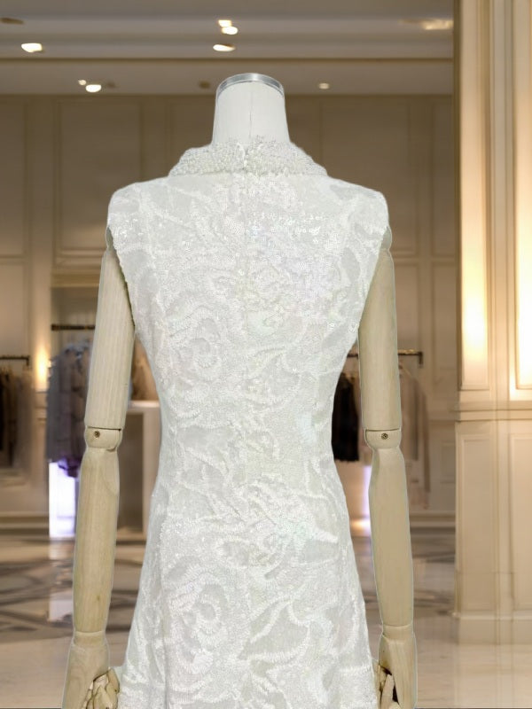 Sequin Feather-Trim Sleeveless Midi Dress in Ivory mannequin view · nz-bg-v1