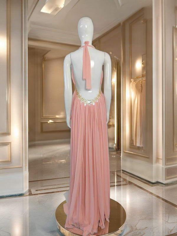 Blush Embellished Halter Maxi Gown model back view · nz-bg-v1