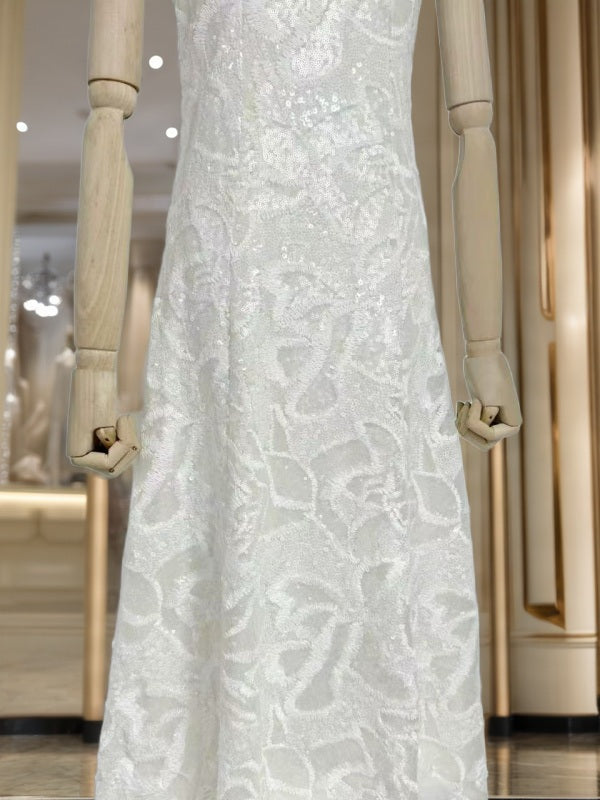 Sequin Feather-Trim Sleeveless Midi Dress in Ivory mannequin view · nz-bg-v1