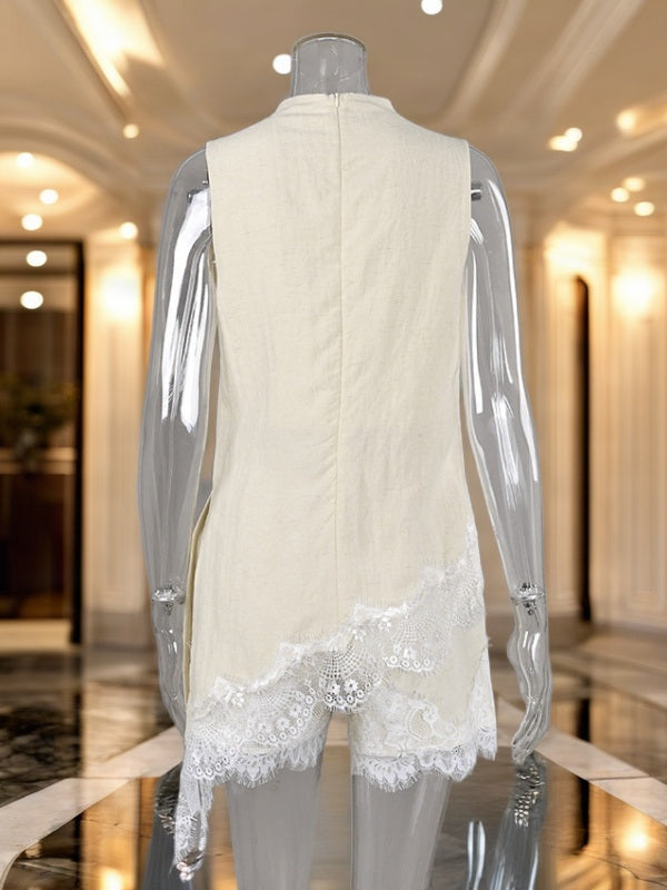 Draped Neck Sleeveless Top and Lace Trim Shorts Set mannequin view · nz-bg-v1
