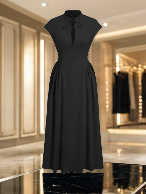 Bow Neck Cap Sleeve Midi Dress in Butter Yellow flat lay view · nz-bg-v1