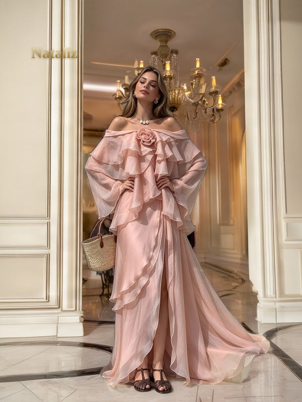 Off-Shoulder Ruffle Maxi Dress in Blush Pink model front view