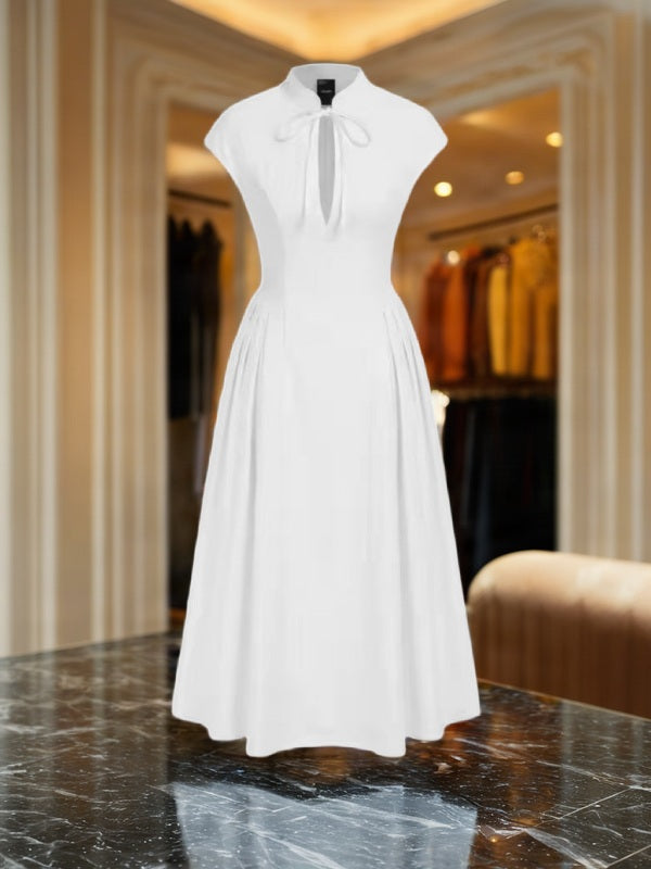 Bow Neck Cap Sleeve Midi Dress in Butter Yellow mannequin view · nz-bg-v1