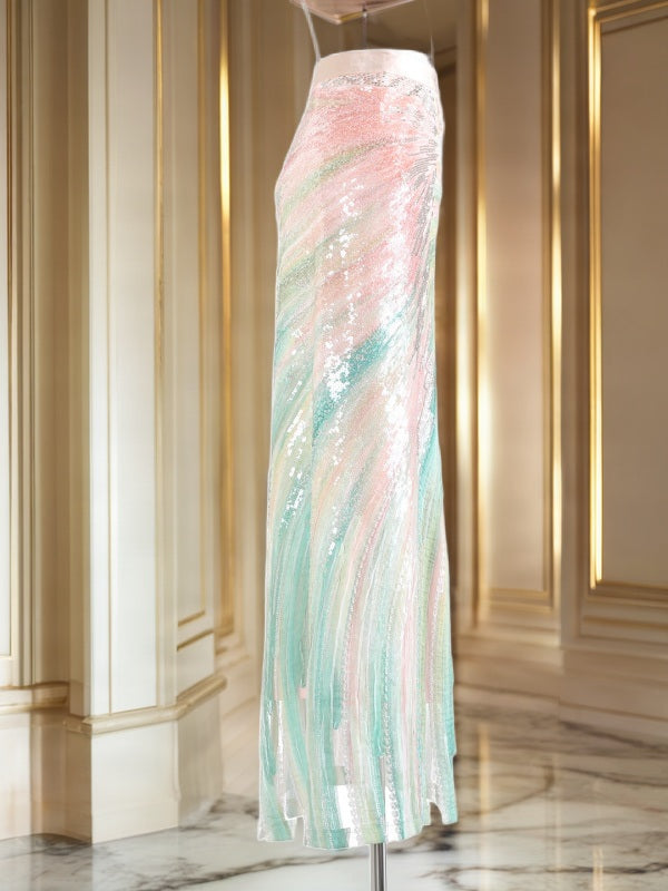 Sequin Brushstroke Maxi Skirt in Pastel Pink and Green mannequin view · nz-bg-v1