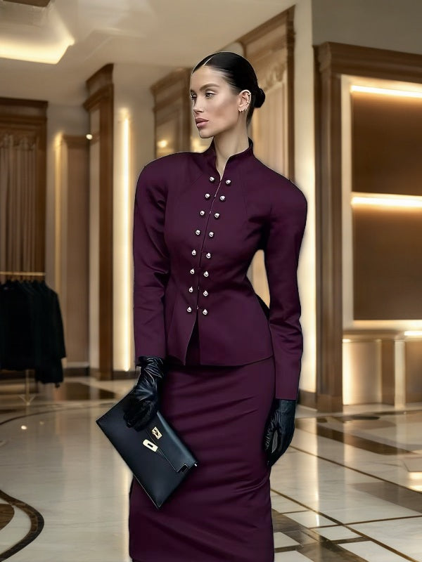 Plum Military Button Jacket and Midi Skirt Set model front view · nz-bg-v1