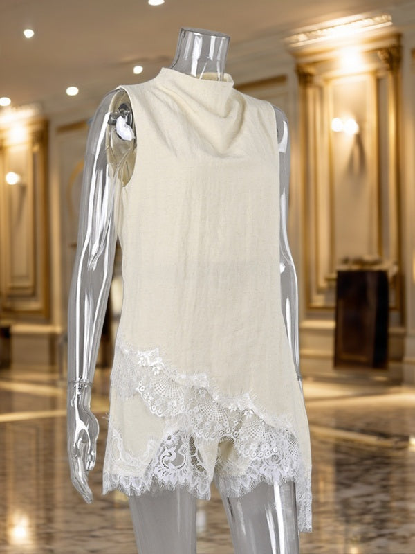 Draped Neck Sleeveless Top and Lace Trim Shorts Set mannequin view · nz-bg-v1