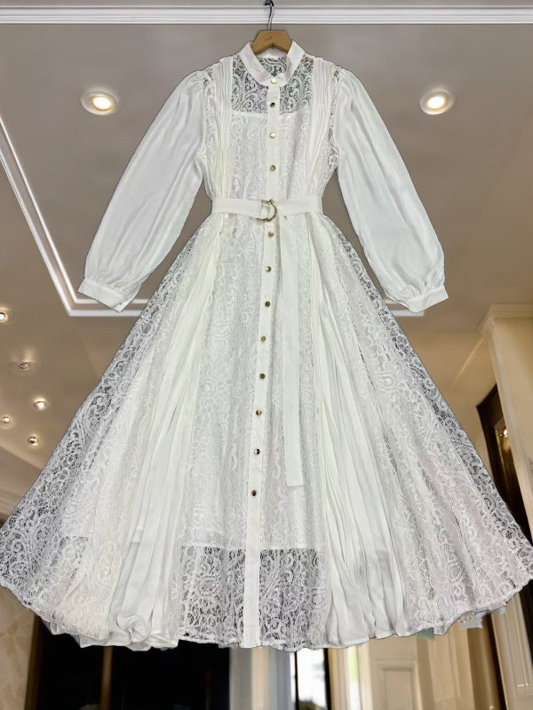Lace Panel Pleated Maxi Shirt Dress with Belt hanging view · nz-bg-v1