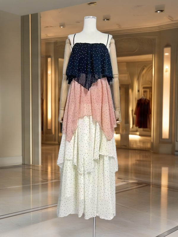 Tiered Polka Dot Maxi Dress in Black, Blush & Cream mannequin view · nz-bg-v1