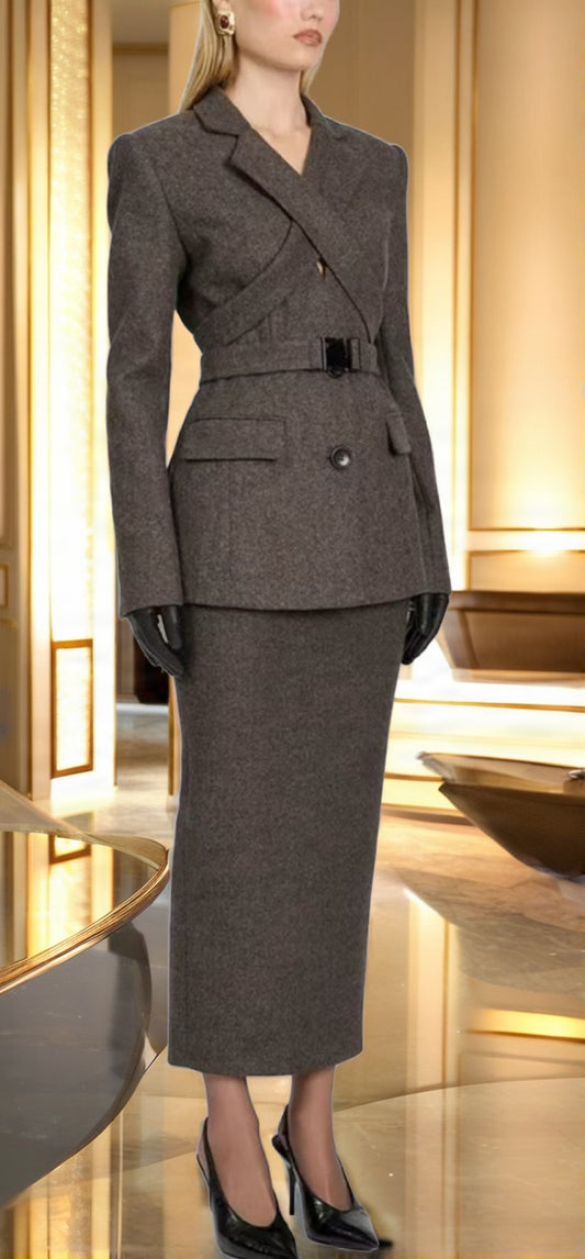 Belted Crossover Blazer and Midi Skirt Set model front view · nz-bg-v1