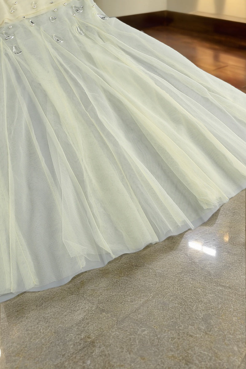 Pearl-Embellished Fringe Halter Maxi Dress in Butter detail view · nz-bg-v1