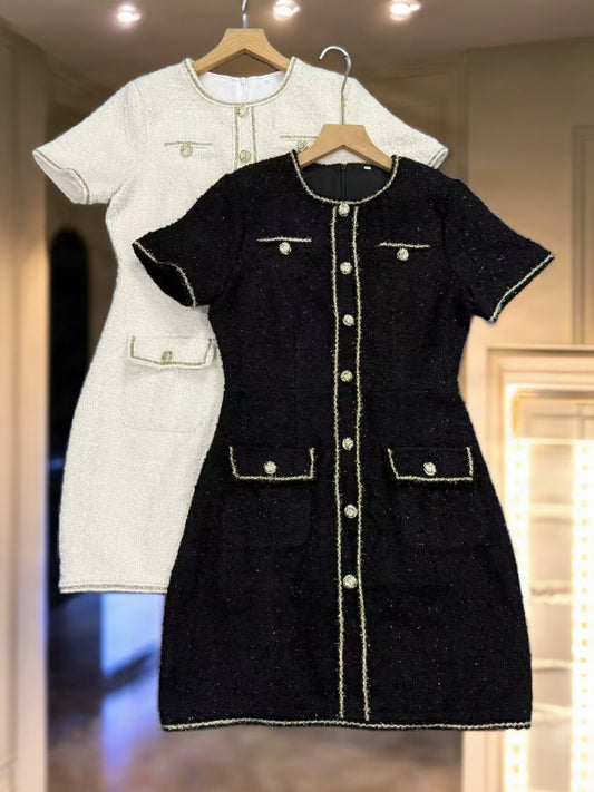Gold-Trim Mini Dress with Button Front hanging view · nz-bg-v1