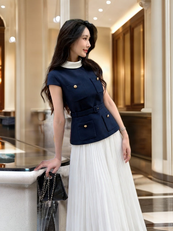 Navy Belted Top & White Pleated Maxi Skirt Set side view · nz-bg-v1
