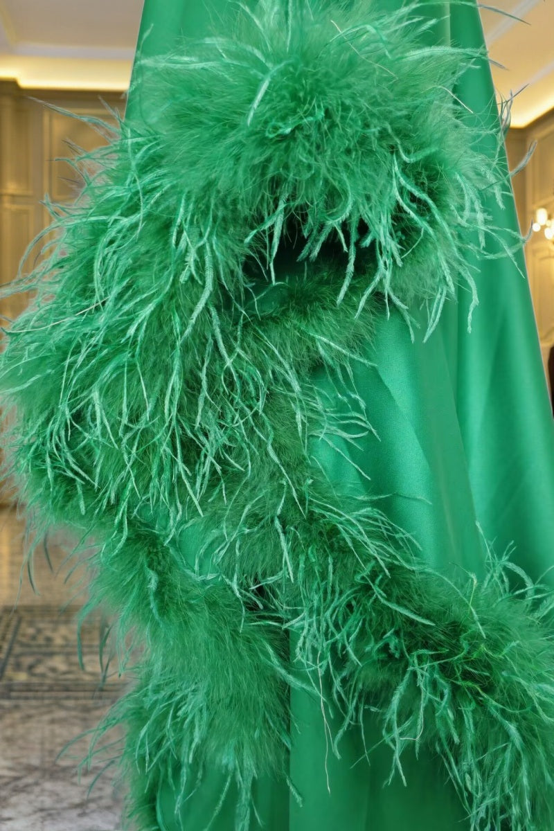 Feather-Trimmed Kaftan Maxi Dress in Emerald Green detail view · nz-bg-v1