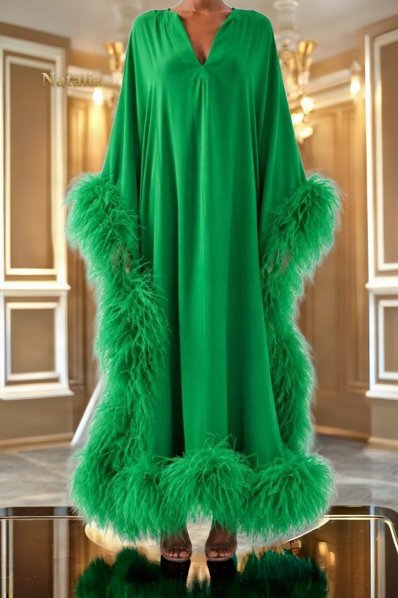 Feather-Trimmed Kaftan Maxi Dress in Emerald Green model front view