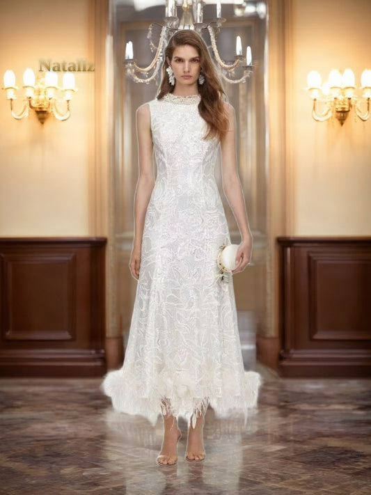 Sequin Feather-Trim Sleeveless Midi Dress in Ivory model front view