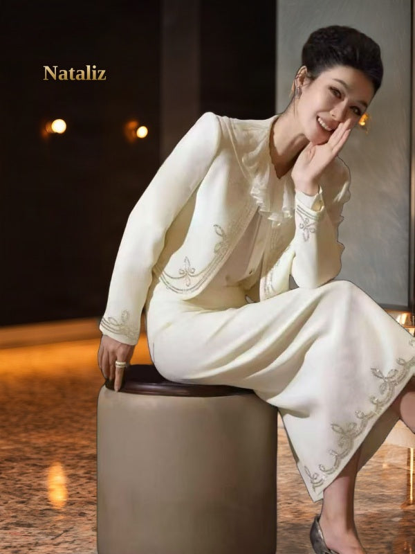 Embroidered Cropped Jacket & Midi Skirt Set model front view
