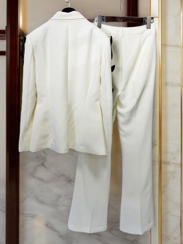 Bow-Trim Blazer and Flare Trouser Set in Ivory hanging view · nz-bg-v1