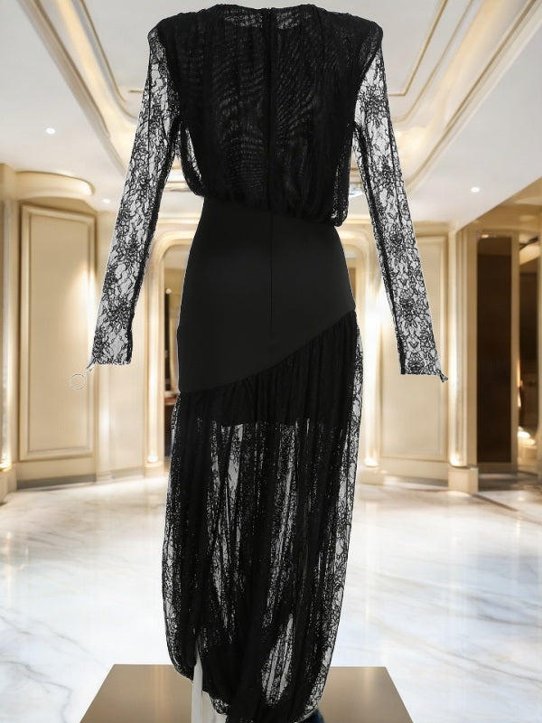 Sheer Floral Lace Long Sleeve Maxi Dress in Black mannequin view · nz-bg-v1