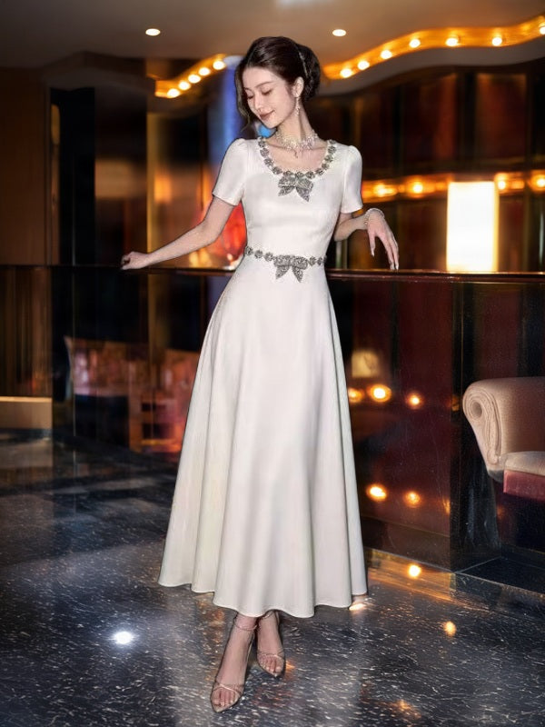 Crystal-Trimmed Short Sleeve Midi Dress model front view · nz-bg-v1