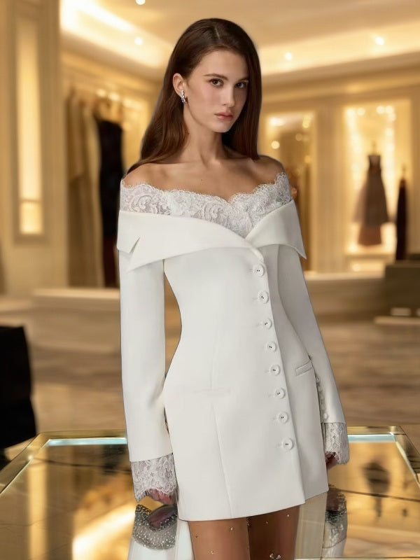 Off-Shoulder Lace Trim Button Front Mini Blazer Dress model front view · nz-bg-v1