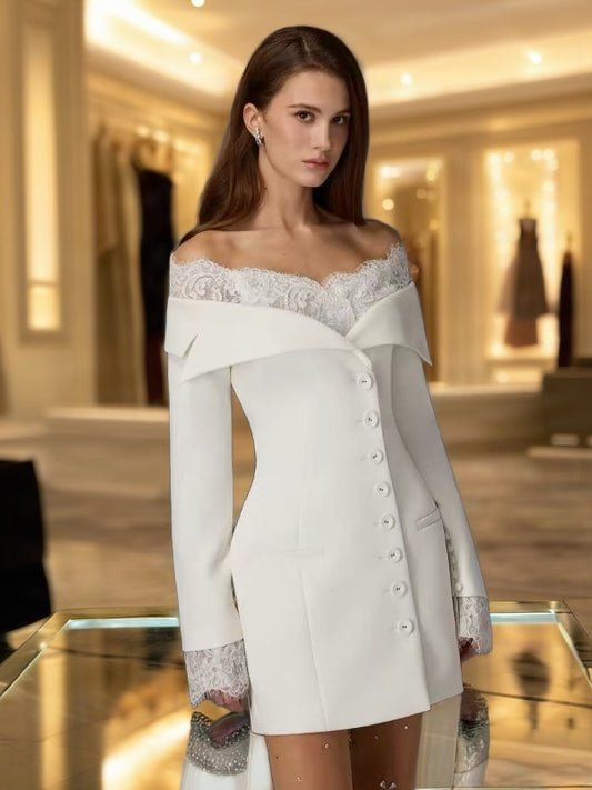 Off-Shoulder Button Front Mini Blazer Dress model front view · nz-bg-v1