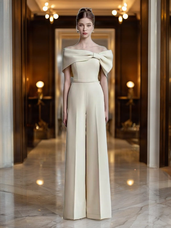 Off-Shoulder Bow Wide-Leg Jumpsuit in Champagne model front view · nz-bg-v1