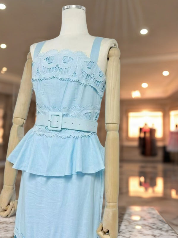 Belted Peplum Maxi Dress with Lace Cutwork Hem mannequin view · nz-bg-v1