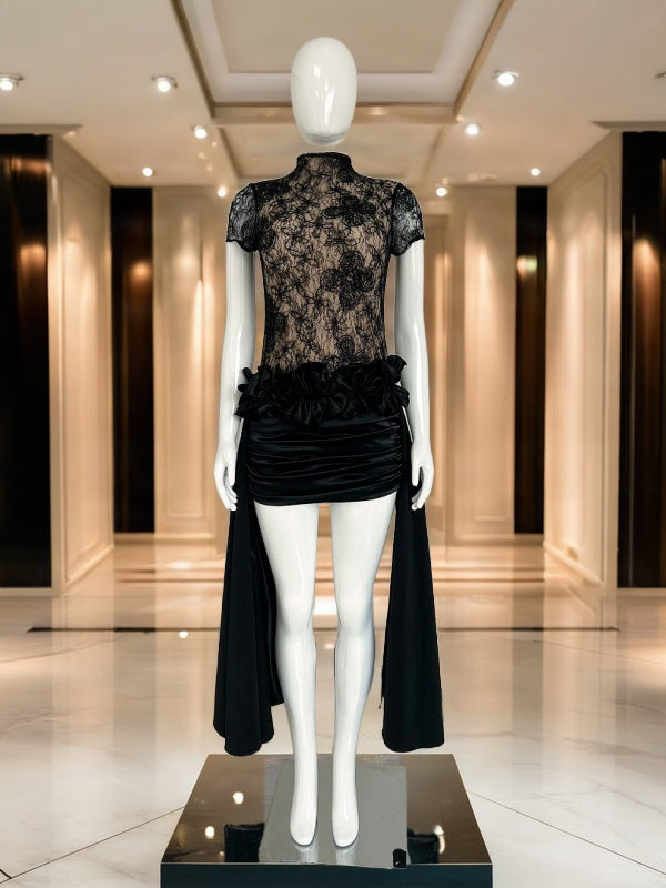 Sheer Lace Bodice High-Low Maxi Dress in Black mannequin view · nz-bg-v1