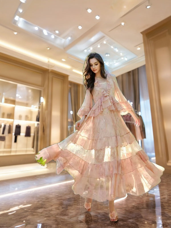 Blush Tiered Ruffle Maxi Dress with Lace Panels model front view · nz-bg-v1