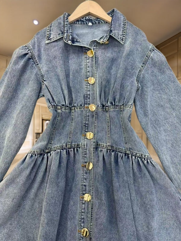 Puff Sleeve Denim Shirt Dress with Gold Buttons hanging view · nz-bg-v1