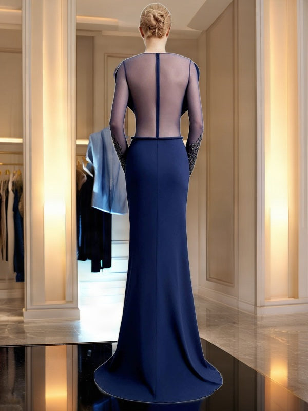Navy Beaded Sheer-Sleeve Column Gown model back view · nz-bg-v1